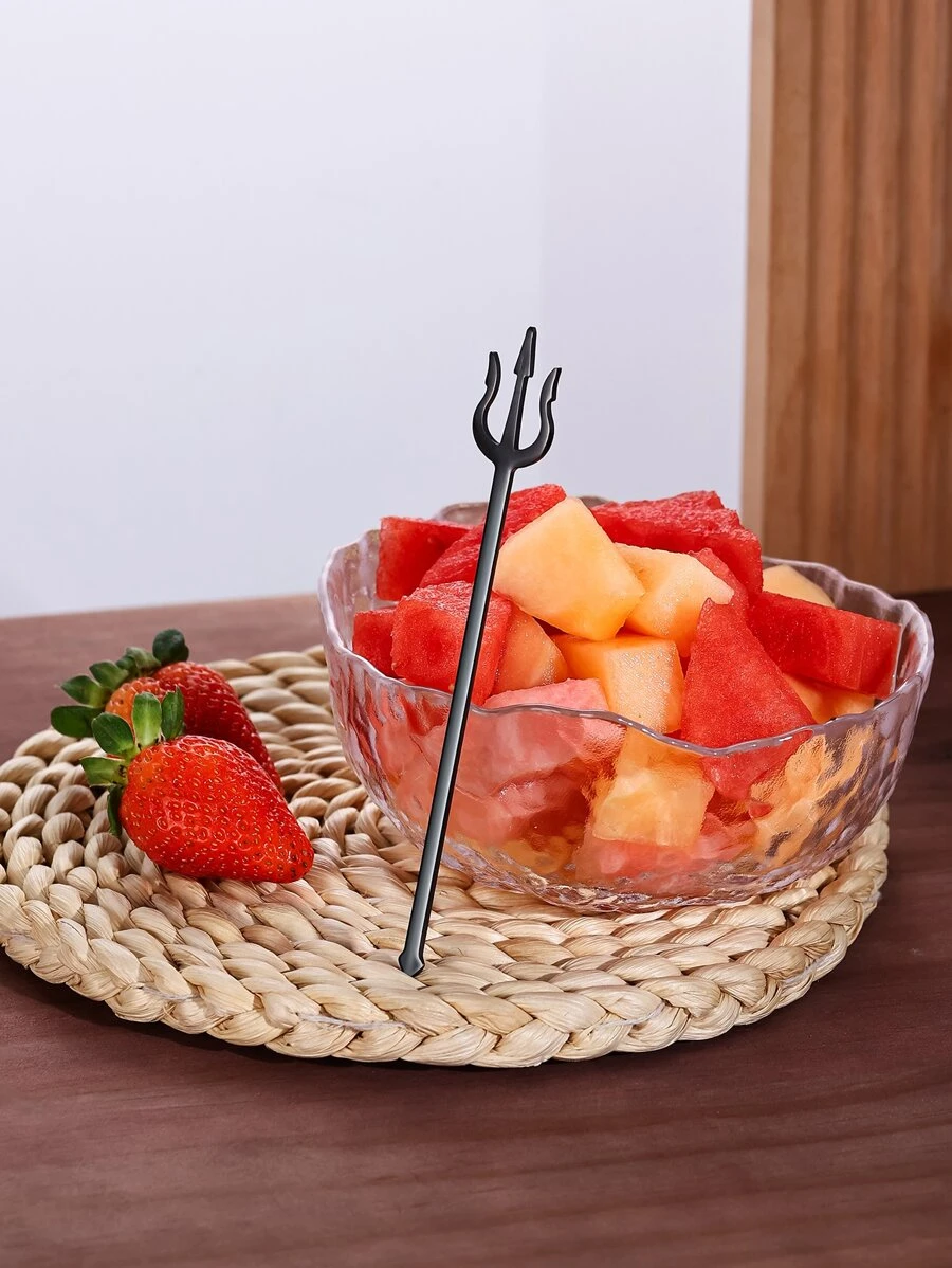 1 顆不鏽鋼三叉戟新穎水果叉多功能雞尾酒鎬咖啡攪拌器 - 黑色 - 查看 1