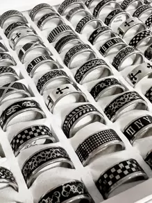 Onelike 16 piezas / set Anillos de acero inoxidable vintage populares de moda para hombre, diferentes estilos, diferentes tamaños, entrega aleatoria - Plateado - Ver 1