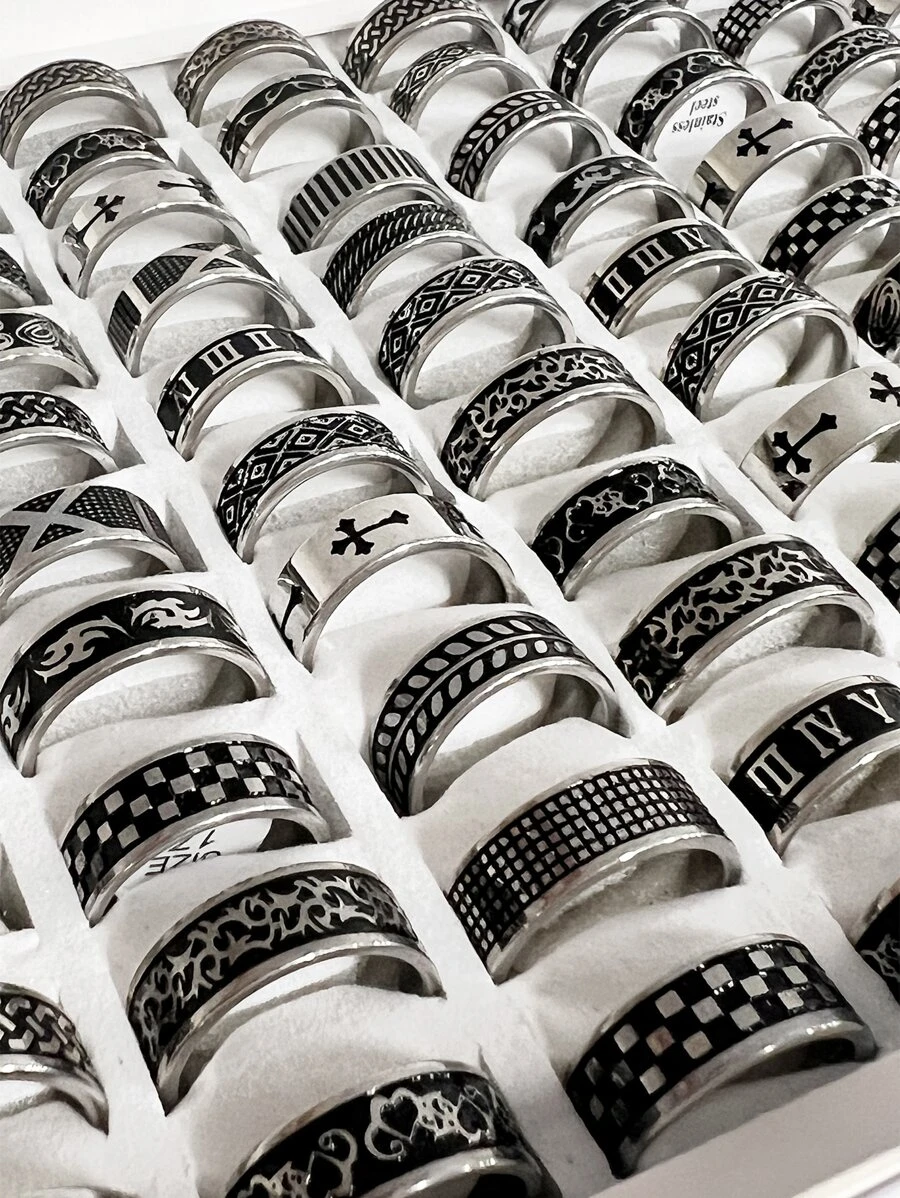 Onelike 16 Pcs/Set Fashion Popular Men's Vintage Stainless Steel Rings, Different Styles, Different Sizes, Random Delivery - Silver - View 1