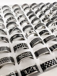 Onelike 16 piezas / set Anillos de acero inoxidable vintage populares de moda para hombre, diferentes estilos, diferentes tamaños, entrega aleatoria - Plateado - Ver 3