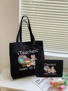 2入組地球字母印花帶拉鍊購物手提袋和輕便旅行化妝包禮品袋，非常適合送給女性、媽媽、老師、朋友、婚禮、伴娘、多功能整理包，最好的永久教師禮物，最好的感謝教師禮物 - 黑色 - 查看 6