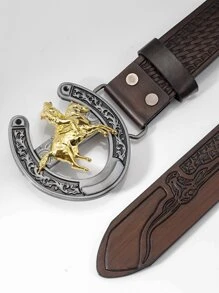 1 条男士西部/牛仔/乡村风格时尚压花马蹄扣腰带，适合学生、日常穿着、派对、夜总会、朋克摇滚以及搭配牛仔裤波西米亚风万圣节 - 咖啡棕 - 查看 2