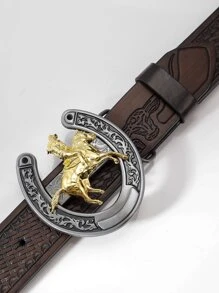 1 条男士西部/牛仔/乡村风格时尚压花马蹄扣腰带，适合学生、日常穿着、派对、夜总会、朋克摇滚以及搭配牛仔裤波西米亚风万圣节 - 咖啡棕 - 查看 3