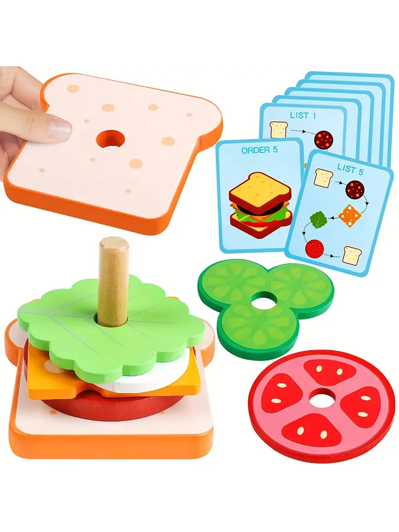 Christmas Decoration 1 Box Of Wooden Sandwich/Burger Toy Set For Boys And Girls, Pretend Play And Pre-School Education, Helps Improve Hand-Eye Coordination Skills School, Student,Stationery,School Supplies - Multicolor - View 1