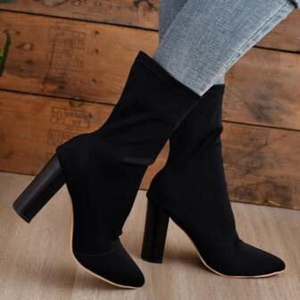 Women's Chunky Heel Pointed Toe Elastic Ankle Boots, Black