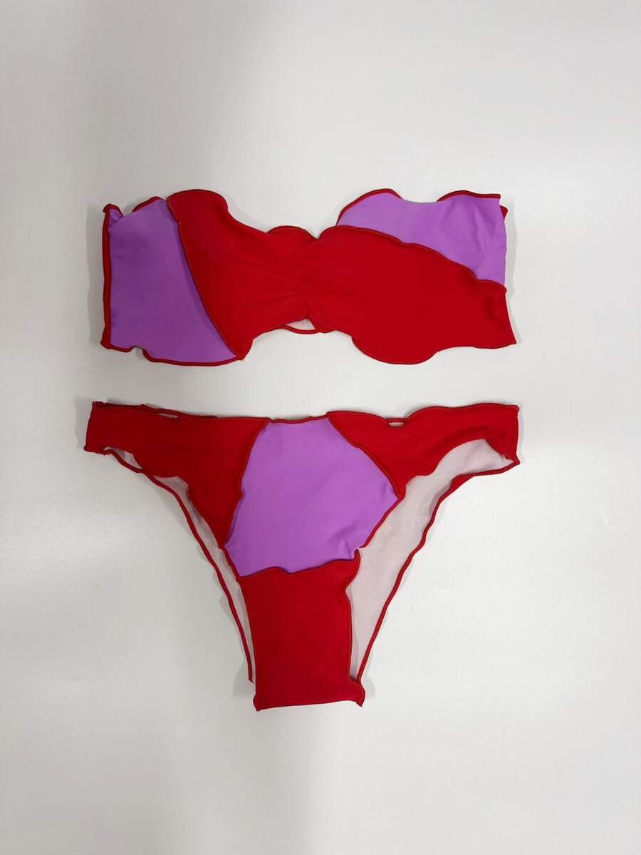 New Style Wrapped Chest Bikini European And American Colourblock Ruched Women's Two-Piece Swimsuit - Multicolor - View 1