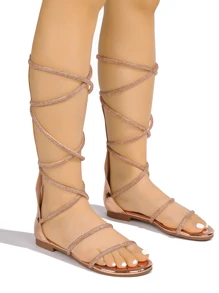 Women's  Rhinestone Round Toe Flat Sandals - Single Round Toe Metallic/Holo, Patent Flat For Festival Shoes - Hoa hồng vàng - Xem 2