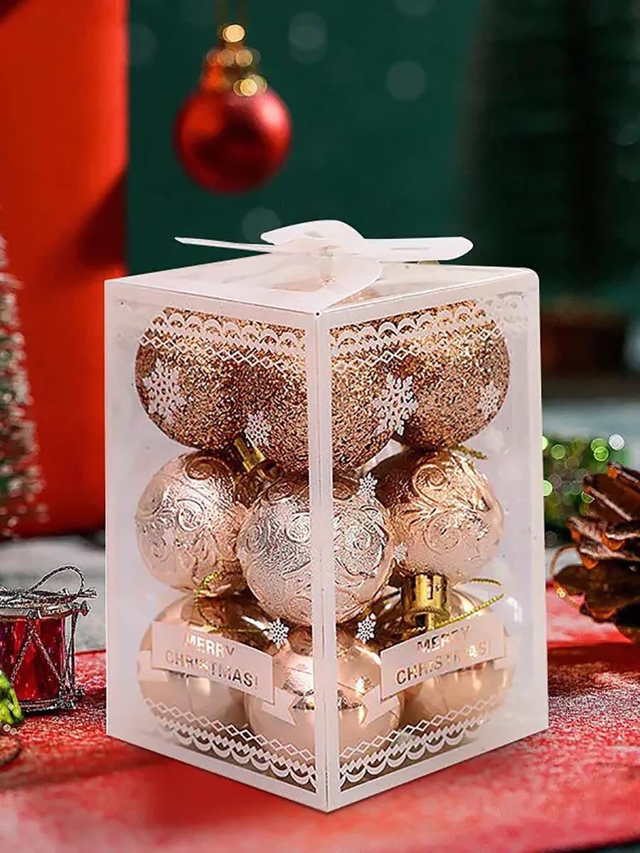 12pcs/box Champagne Colored Christmas Tree Decoration Balls, Diy Sparkling Plastic Balls, Home & Party Ornaments - Champagne - View 1