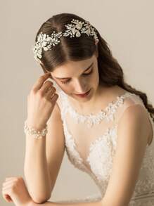 1pc Women's Wedding Leaf-Shaped Alloy, Pearl & Rhinestone Decor Soft Chain Headband Elegant Tiaras
