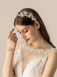 1pc Women's Wedding Leaf-Shaped Alloy, Pearl & Rhinestone Decor Soft Chain Headband Elegant Tiaras