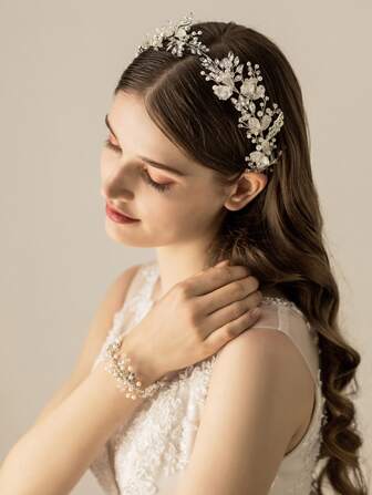 1 pieza Diadema de cadena suave elegante para mujer con forma de hoja de aleación y decoración de perlas y diamantes de imitación para bodas