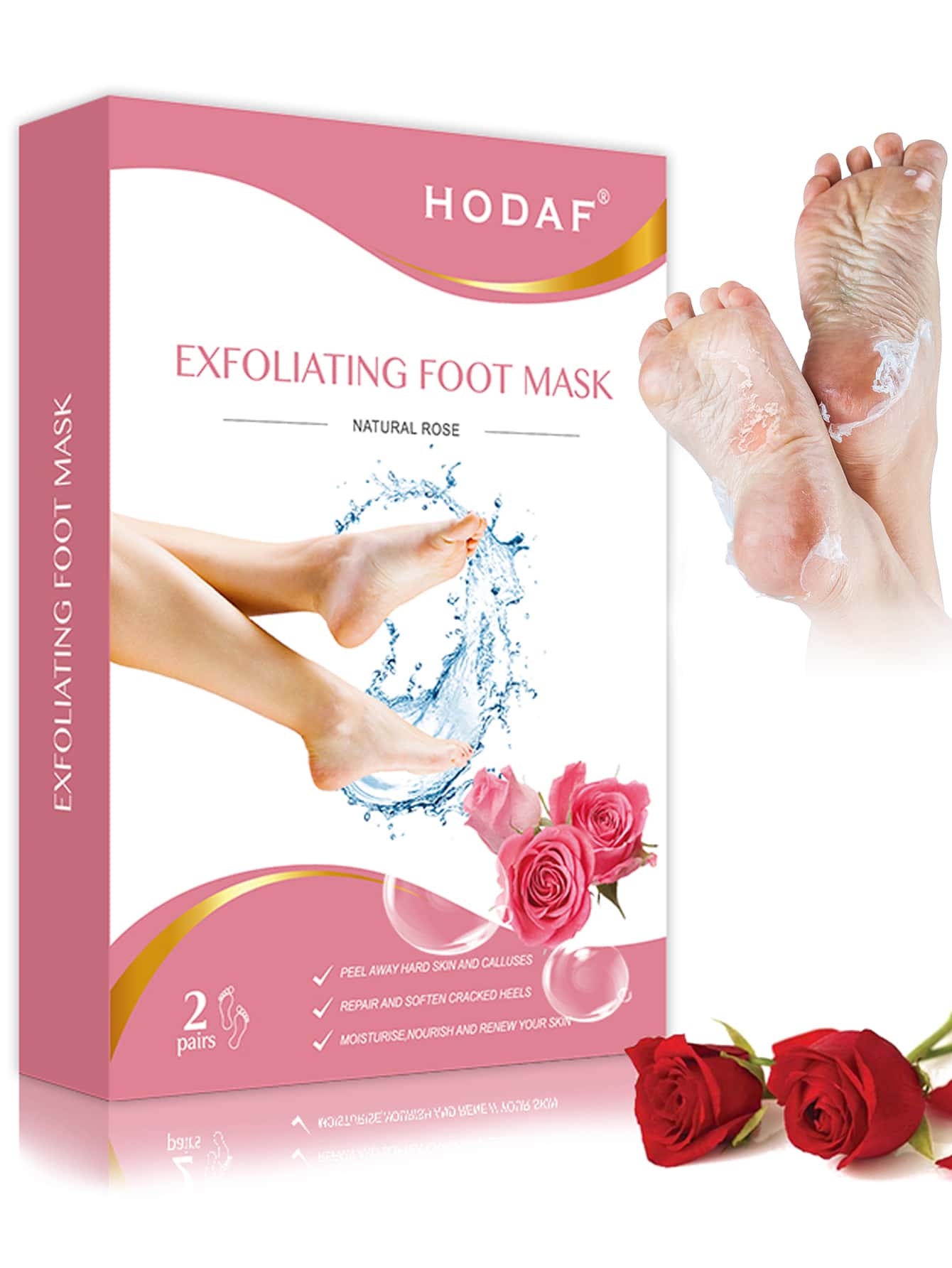 2包(4入)足部去角質面膜,去除死皮,適用於乾燥和龜裂的腳部,滋潤和軟化腳部,玫瑰香氣