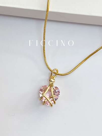 FICCINO Collar de cadena de acero con titanio plateado en oro, con circonita cúbica de color piedra natal con forma de corazón, estilo dulce y elegante, adecuado para atuendos de trabajo diario de mujeres, San Valentín, mamá, madre, Día de la Madre, regalo