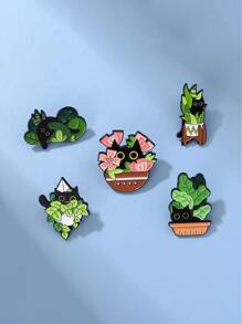 5pcs/set Cute Potted Cat Design Enamel Pins Suitable For Women's Daily Wear