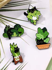 5pcs/set Cute Potted Cat Design Enamel Pins Suitable For Women's Daily Wear