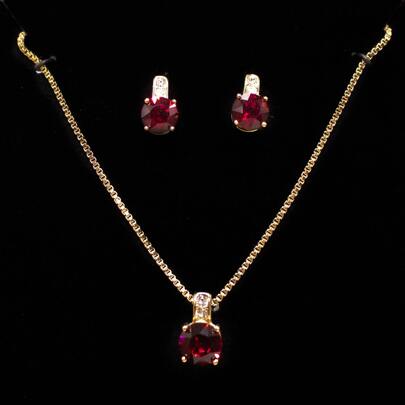 Set Aus Kupfer Luxus Ohrringe & Halskette Mit Rubin, Kristall Und Glas Eingefasst - Ideal Für Hochzeit, Bankett, Teiferfeier Oder Dating (befinhaltet Halskette Und Ohrringe)