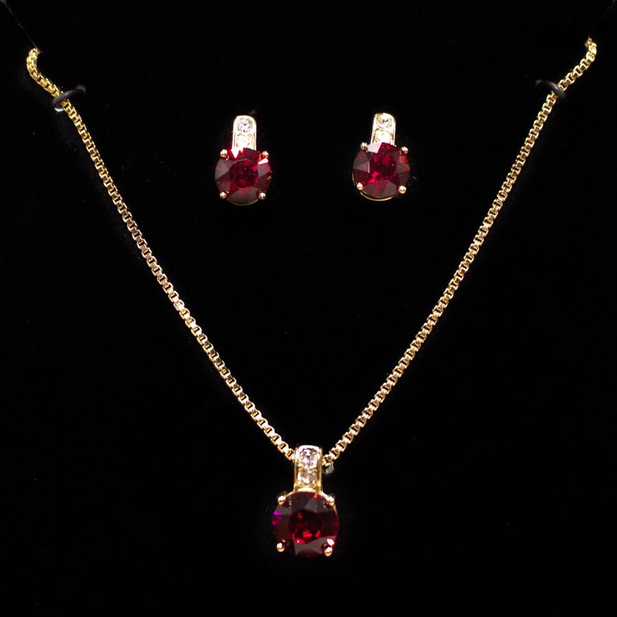 銅製豪華紅寶石、水晶、玻璃水晶嵌入耳環和項鍊套裝- 結婚、宴會、休閒假日或約會理想之選(包含頸鍊和耳環) - 酒紅色 - 查看 1