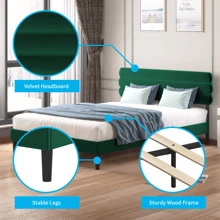 Mjkone King/Queen/Full Size Bed Frame| Fabric Padded Bedroom Furniture| Upholstered Bed Frame With Velvet Tufted Headboard Green/Dark Grey/Light Grey