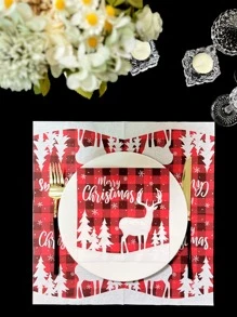20入組紅色的格紋馴鹿&聖誕節快樂派對餐巾紙,木紙漿喜慶紙毛巾 - 彩色 - 查看 1