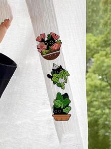 5pcs/set Cute Potted Cat Design Enamel Pins Suitable For Women's Daily Wear
