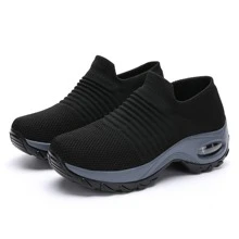 Women's Classic Black Sports Casual Shoes, Slip-On Platform Wedge Knitted Air Cushion Dance Shoes - Black - View 6