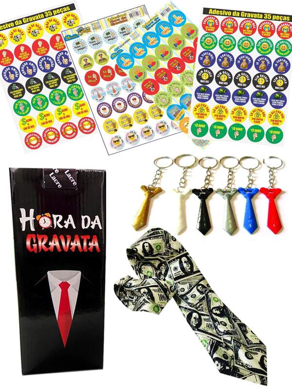 Kit Hora da Gravata Dólar 1 Cofre+1Gravata Dólar+50 gravatinhas Sortidas+140 Adesivos