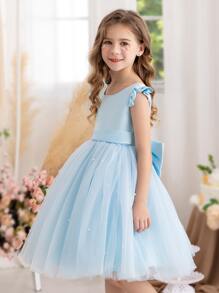 年轻女孩优雅荷叶边网眼圣诞派对礼服，公主裙适合生日派对、正式晚宴、婚礼、节日庆典、休闲日常穿着 - 淺藍色 - 查看 11