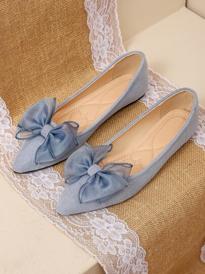 Blue Comfortable Pointed Toe Flat Shoes With Bowknot For Autumn