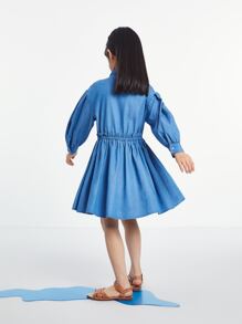 Annil 兒童春秋季可調腰帶長袖青少年女童牛仔連衣裙藍色 - 藍色 - 查看 2