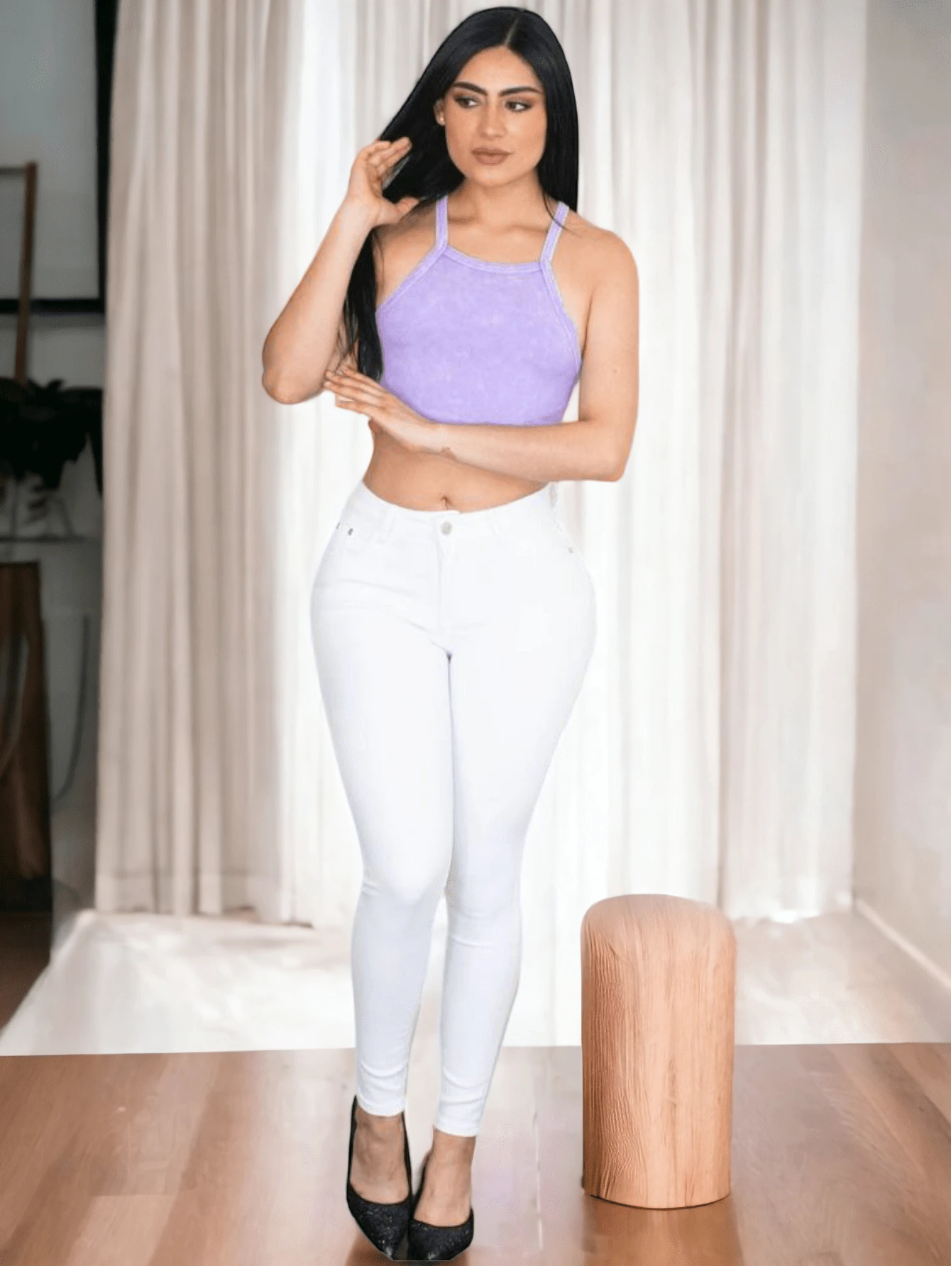 Women's Plain White Strech Pants High Waist Denim - 白色 - 查看 1