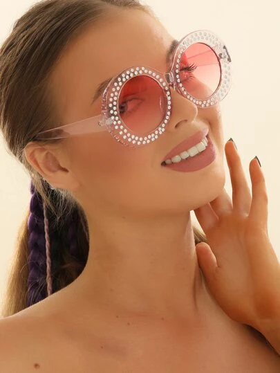 1副女士粉色超大椭圆形水钻装饰太阳镜