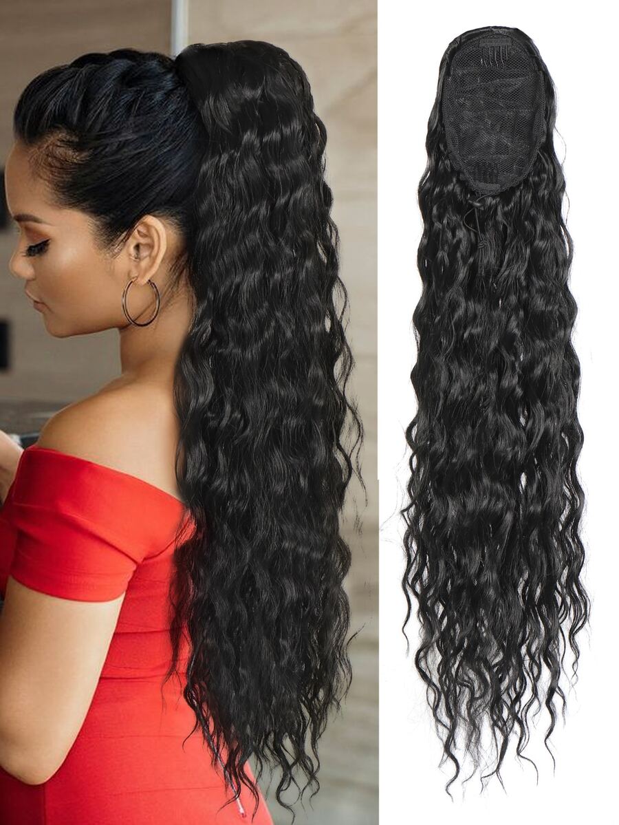 英寸長款卷馬尾辮延伸卷耐熱合成纖維立即夾抽繩馬尾夾片馬尾辮卷適用於 - 黑色 - 查看 1