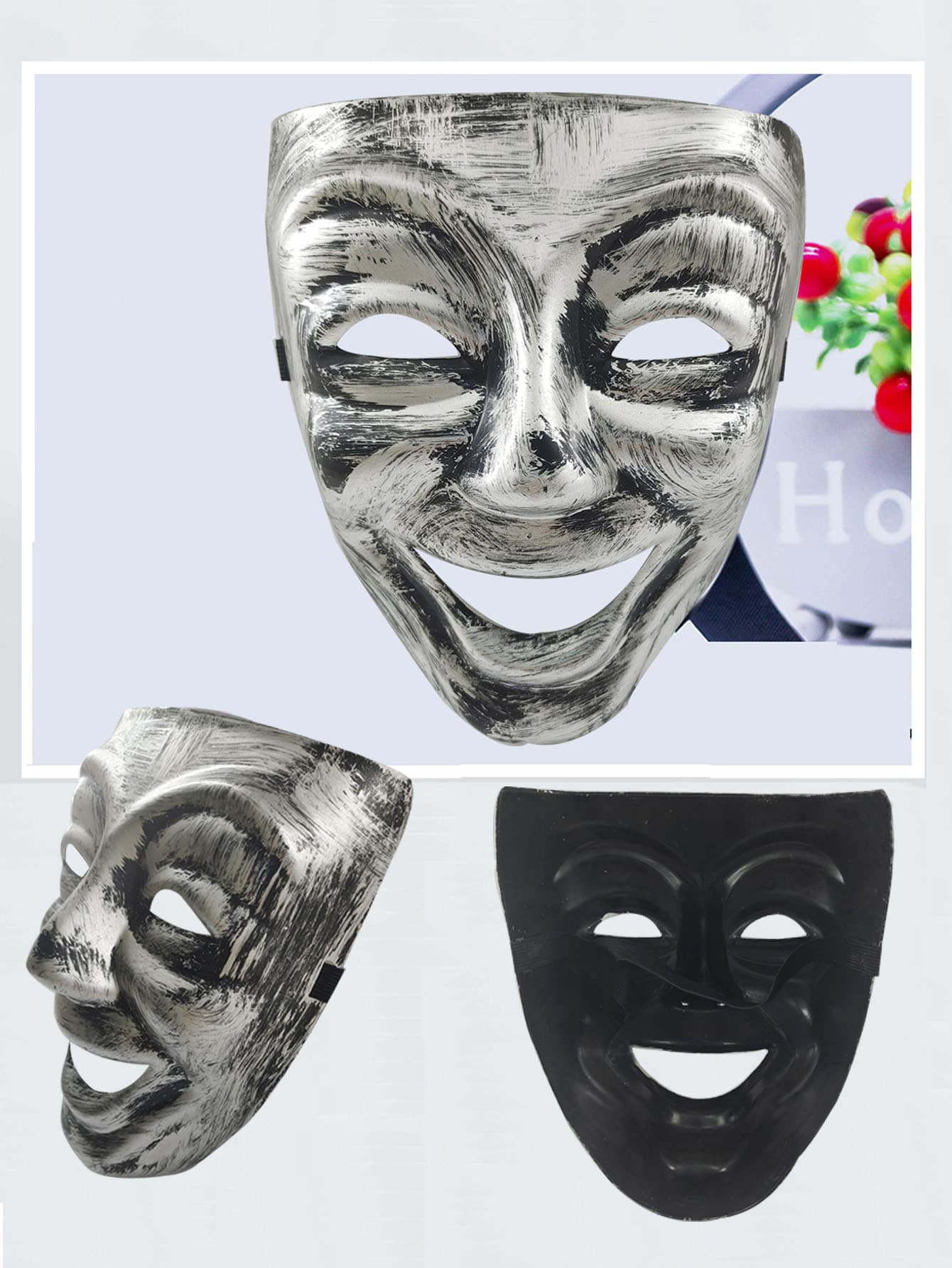 Party Mask With Smiling Expression, Its Surface With Silver Color To Highlight Emotion, Suitable For Halloween Occasion - Silver Black - View 1