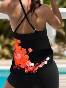 Women's Floral Printed Back Cross Strap Tankini Swimwear - Orange - View 2