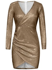 Sexy con cuello en V paquete de la cadera irregular vestido corto de cristal brillante vestidos de las mujeres - Dorado - Ver 3