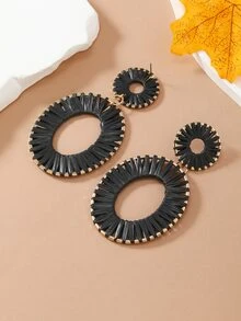 1 Par Aretes Hecho A Mano Con Forma Ovalada De Rafia De Color Café Estilo Vacaciones Bohemio Para Mujeres - Negro - Ver 4
