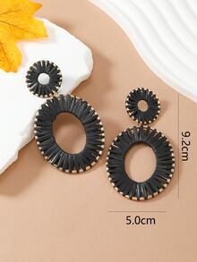1 Par Aretes Hecho A Mano Con Forma Ovalada De Rafia De Color Café Estilo Vacaciones Bohemio Para Mujeres - Negro - Ver 3