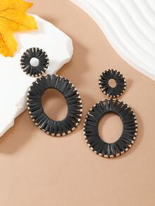 1 Par Aretes Hecho A Mano Con Forma Ovalada De Rafia De Color Café Estilo Vacaciones Bohemio Para Mujeres - Negro - Ver 2