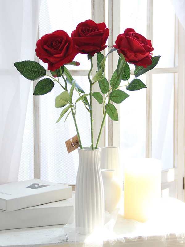 1pc Artificial Red Rose With Pearl, Wedding/Valentine's Day/Thanksgiving/Halloween Decoration