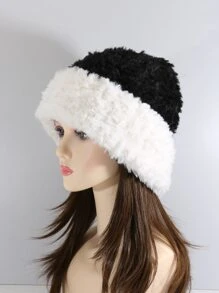 1pc Ladies' Simple Casual Rimless Plush Knitted Hat In Black & White, Perfect For Daily Use In Fall/winter - Black and White - View 2