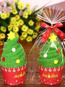 2pcs/Pack Christmas Mini Towel Gift Set, 1pc Christmas Tree, Snowman, Reindeer Shape Small Present, Cute Santa Claus, Snowman Embroidery Hand Towel, Suitable For Kids Christmas Gift,Christmas - Christmas Tree - View 1