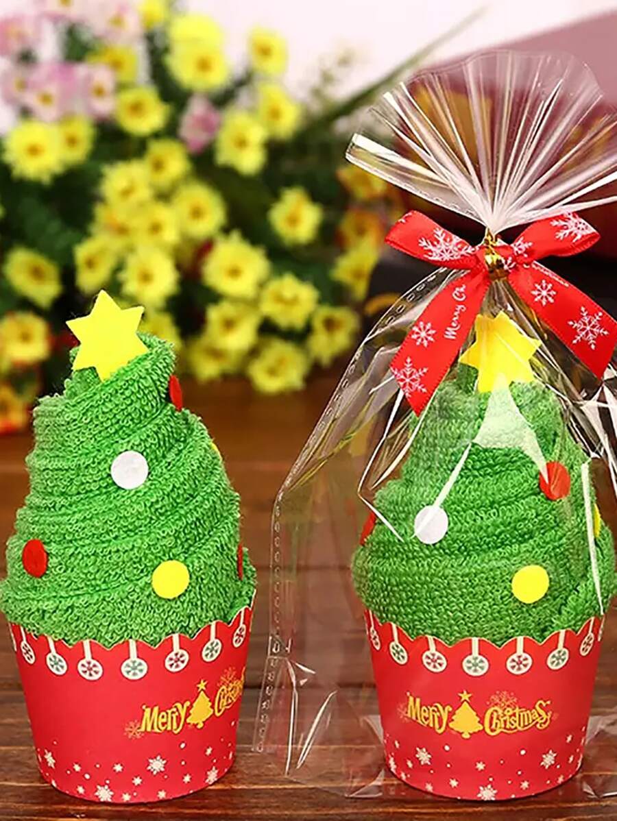 2pcs/Pack Christmas Mini Towel Gift Set, 1pc Christmas Tree, Snowman, Reindeer Shape Small Present, Cute Santa Claus, Snowman Embroidery Hand Towel, Suitable For Kids Christmas Gift,Christmas - Christmas Tree - View 1