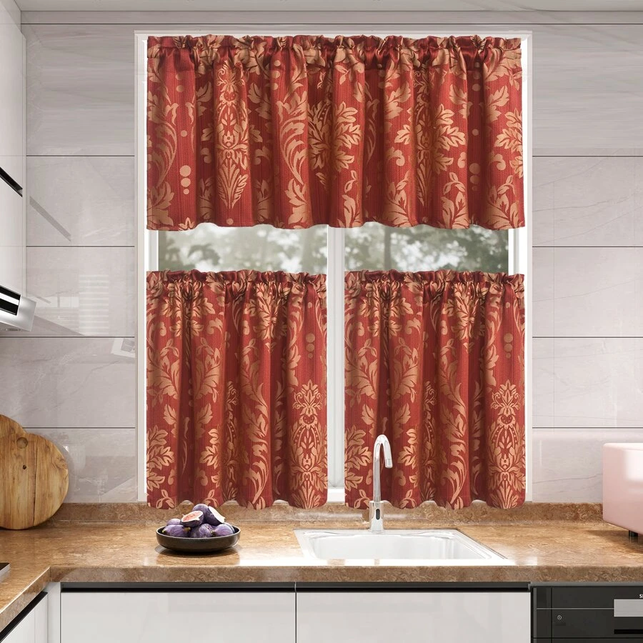 1入組提花花朵設計掛袋式窗簾,適用於廚房、臥室、浴室 - 彩色 - 查看 1