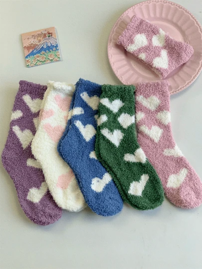 5雙裝珊瑚毛絨可愛心形圖案中筒襪保暖