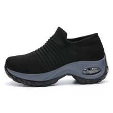 Women's Classic Black Sports Casual Shoes, Slip-On Platform Wedge Knitted Air Cushion Dance Shoes - Black - View 7