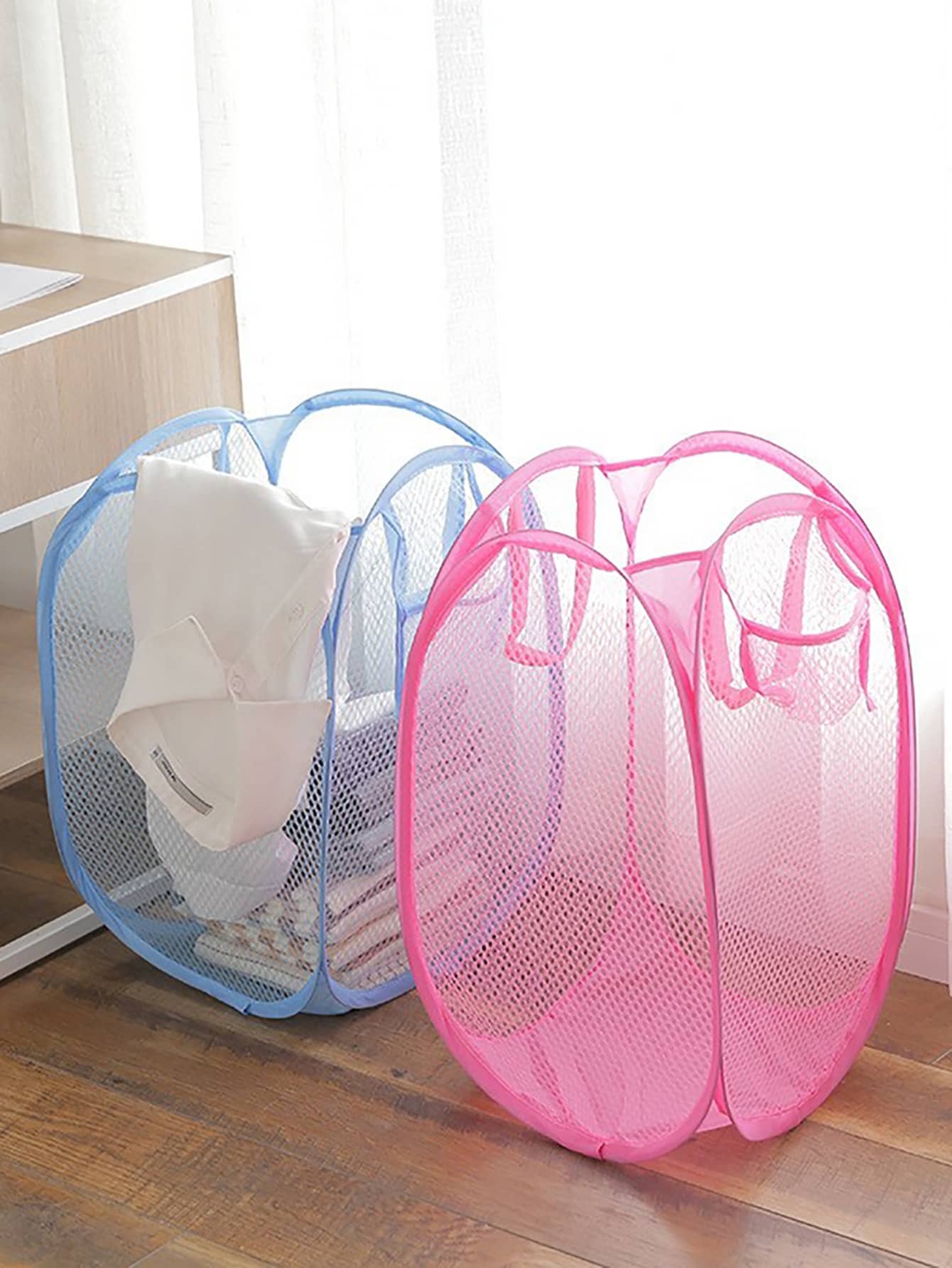 1pc Plain Mesh Laundry Hamper, Simple Laundry Basket For Bathroom - Multicolor - View 1