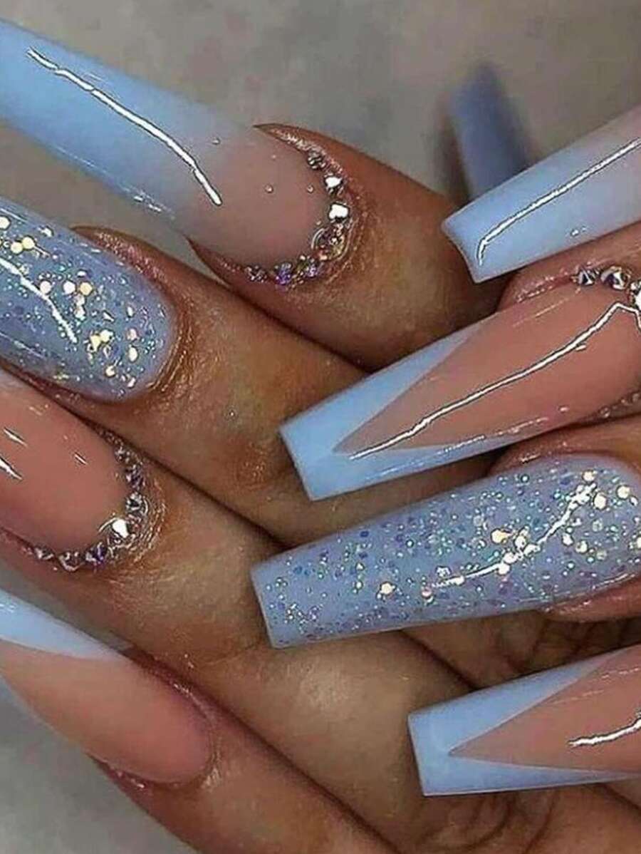 24 Piezas De Uñas Postizas Autoadhesivas Brillantes De Color Azul Marino Con Detalles De Diamantes De Imitación, Para Uñas Largas, Incluyendo 1 Pieza De Pegamento De Gelatina Y 1 Pieza De Lima De Uñas - Multicolor - Ver 1