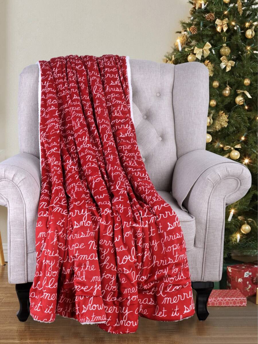 1條聖誕節裝飾文字紅色法蘭絨披毯,白色雪貂絨背面,60 "x 80 ",毛絨柔軟的假日披毯,適用於臥室客廳沙發床暖和的禮物披毯家居裝飾 - 紅色 - 查看 1