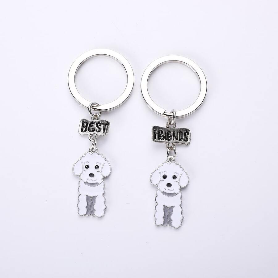 1pair Poodle Dog Best Friends Cartoon Metal Keychain Pet Id Tag Pendant Key Ring Decoration - White - View 1