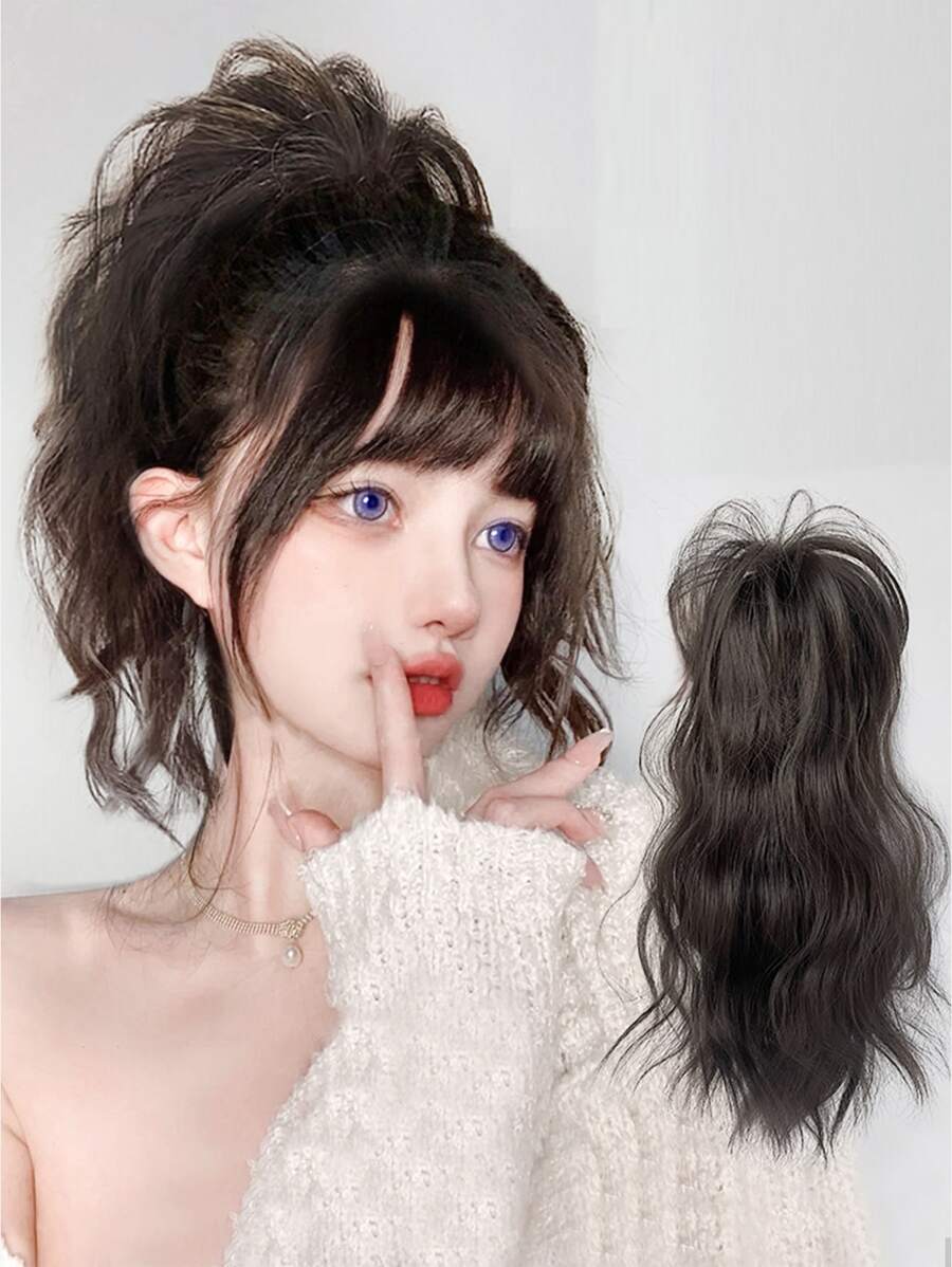 假发女马尾波浪森系法式烫发半扎短发瀑布喷泉高马尾蓬松随意 - Black-brown - 查看 1